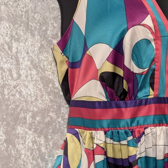 ECI NEW YORK Silk Colorful V Neck Dress Waist Tie Ruching Waist Size 10 - Picture 5 of 9